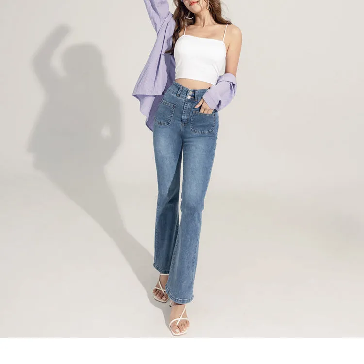 -5KG POCKET ELASTIC DENIM FLARED LONG PANTS