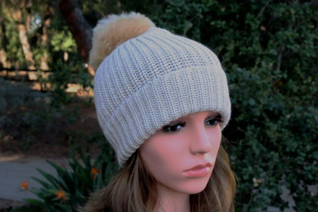 100% Alpaca Pom-Pom Channel Beanie Hat