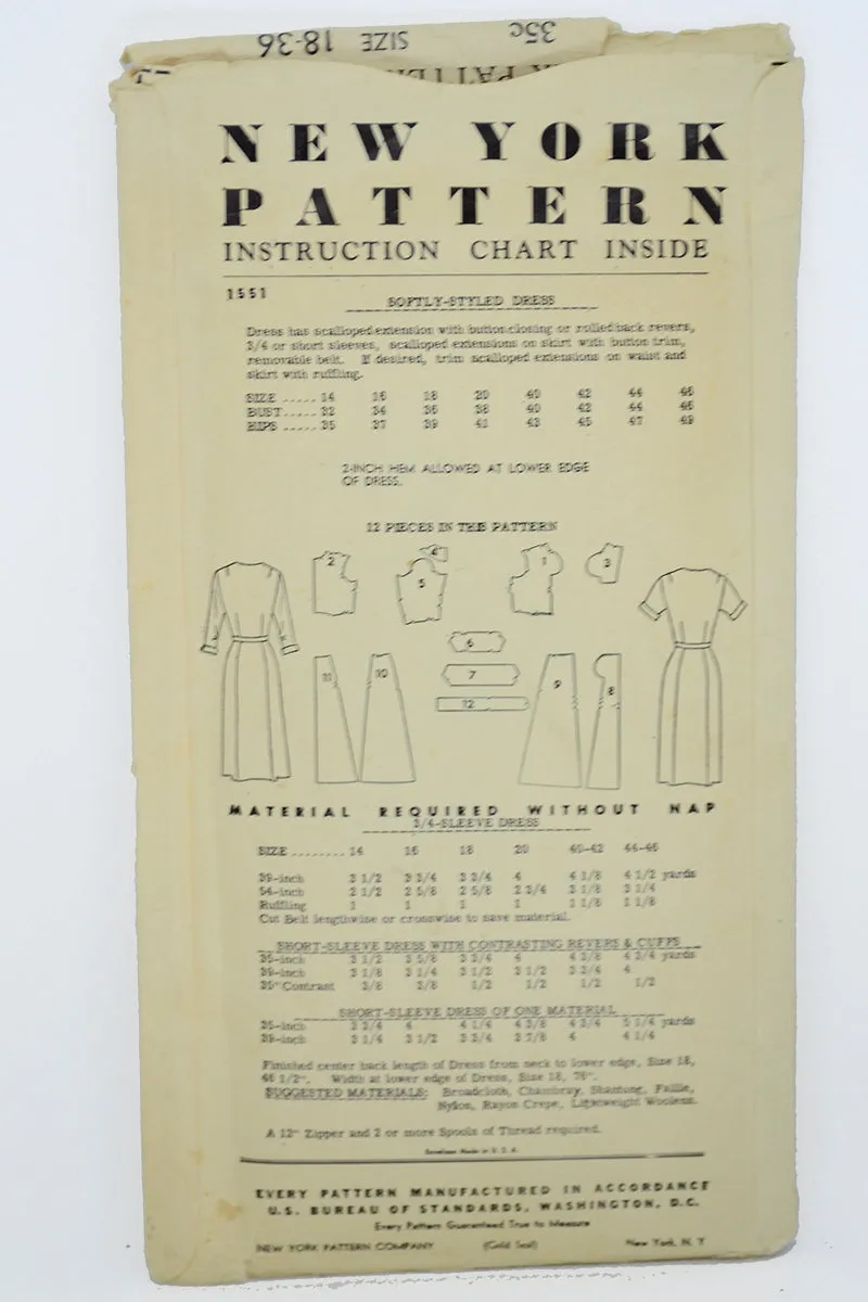 1951 New York Gold Seal 1551 Dress Pattern