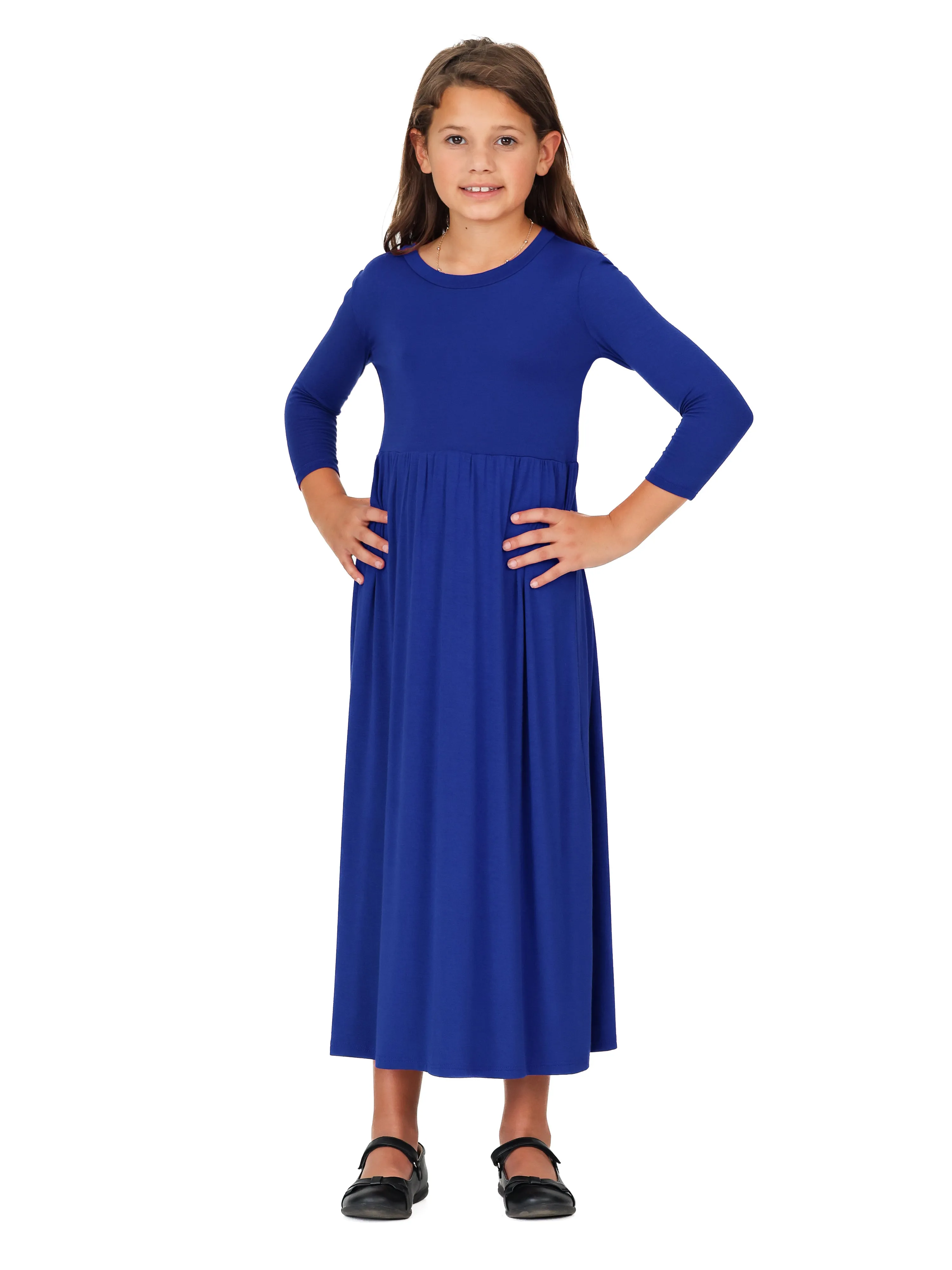 24seven Comfort Apparel Girls Three Quarter Sleeve Pleated Maxi Dress Machine Washable