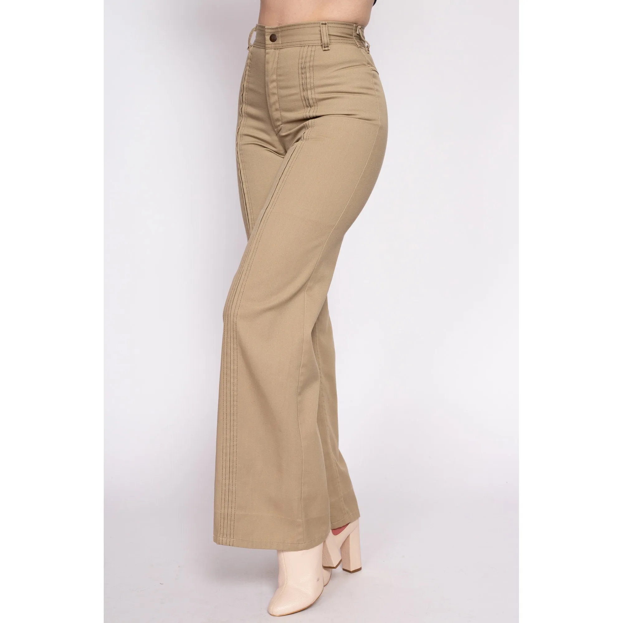 70s Khaki Saddleback Flared Pants - Small, 25.5"