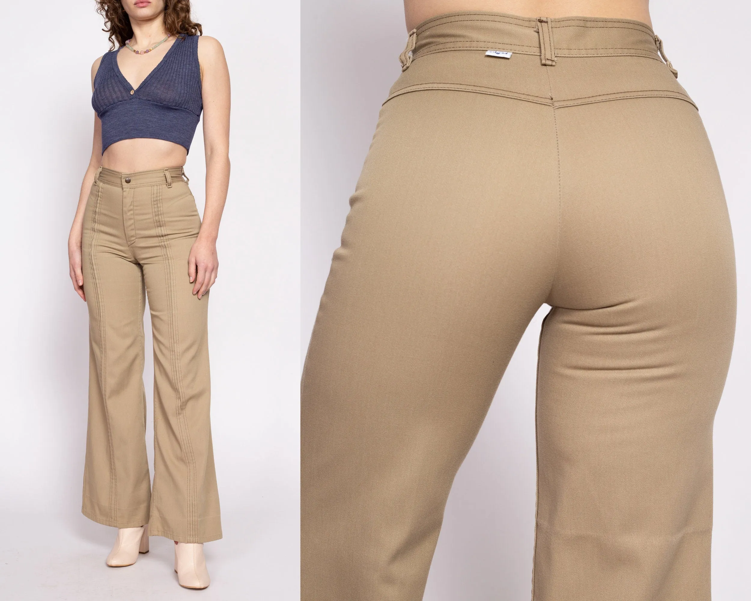 70s Khaki Saddleback Flared Pants - Small, 25.5"