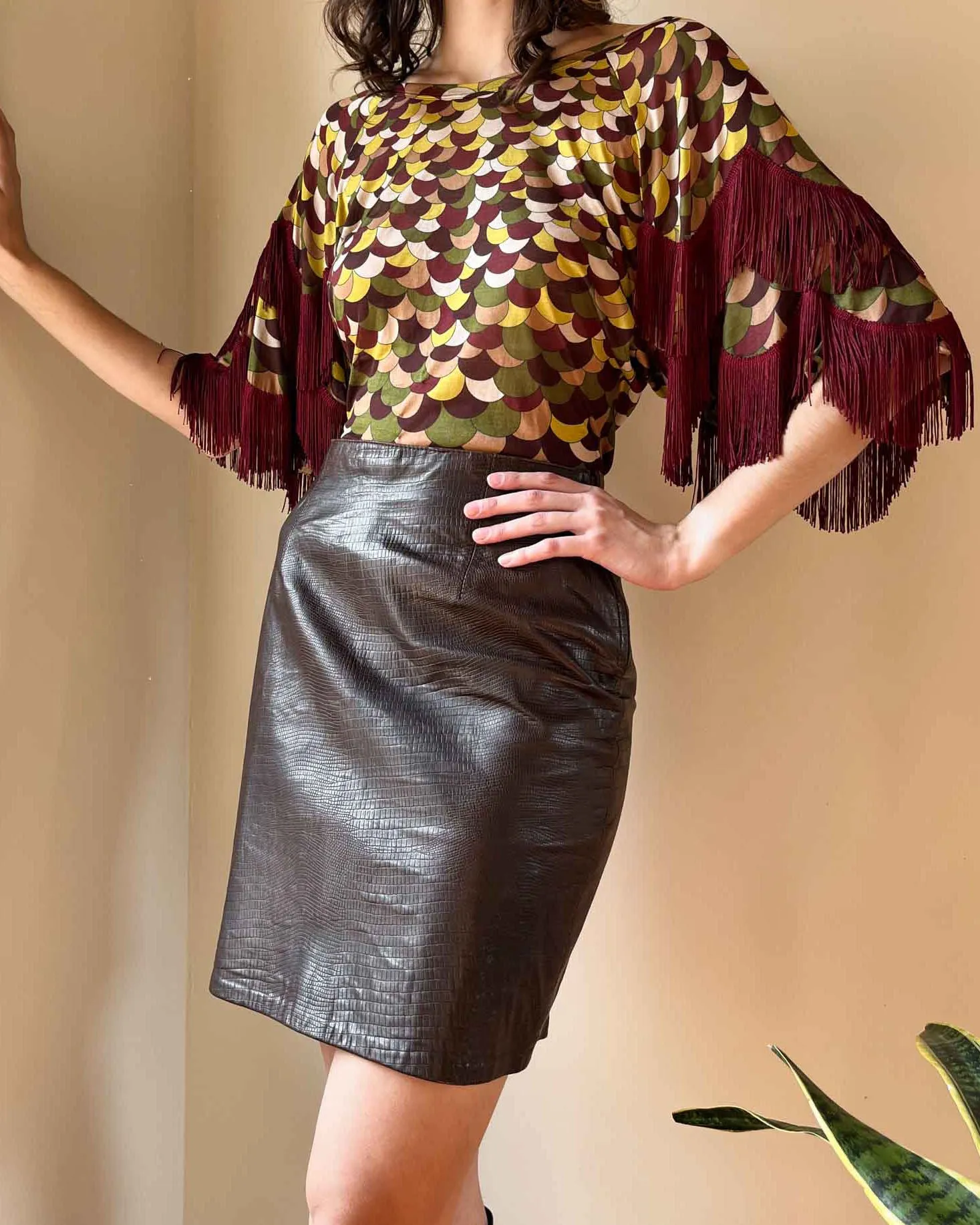 90s Espresso Textured Leather Skirt | M