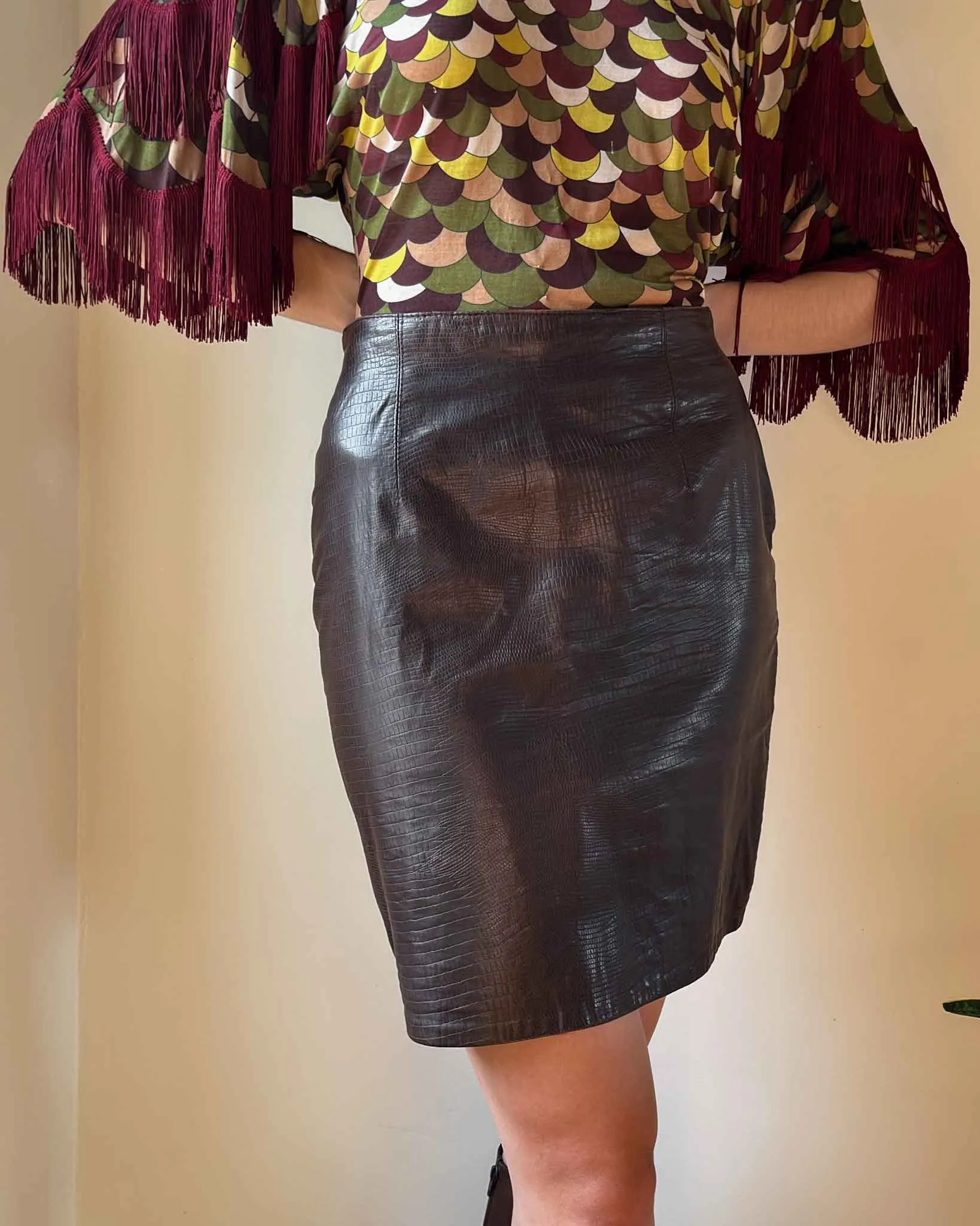 90s Espresso Textured Leather Skirt | M