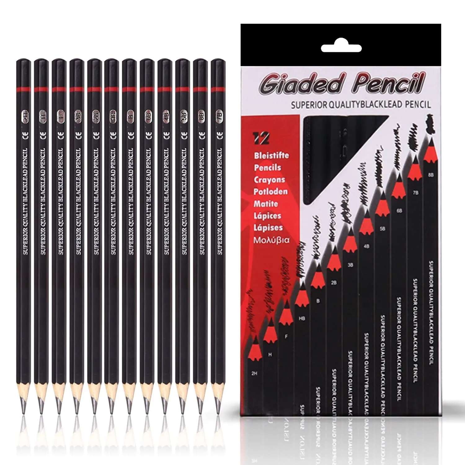 ABOUT SPACE Professional Shading & Drawing Pencils Set - (12 Lead Pencils) Assorted Gray-Black Sketching Pencils of 12 Shades for Artists, Students, Beginners - (B,2B,3B,4B,5B,6B,7B,8B,HB,H,2H & F)