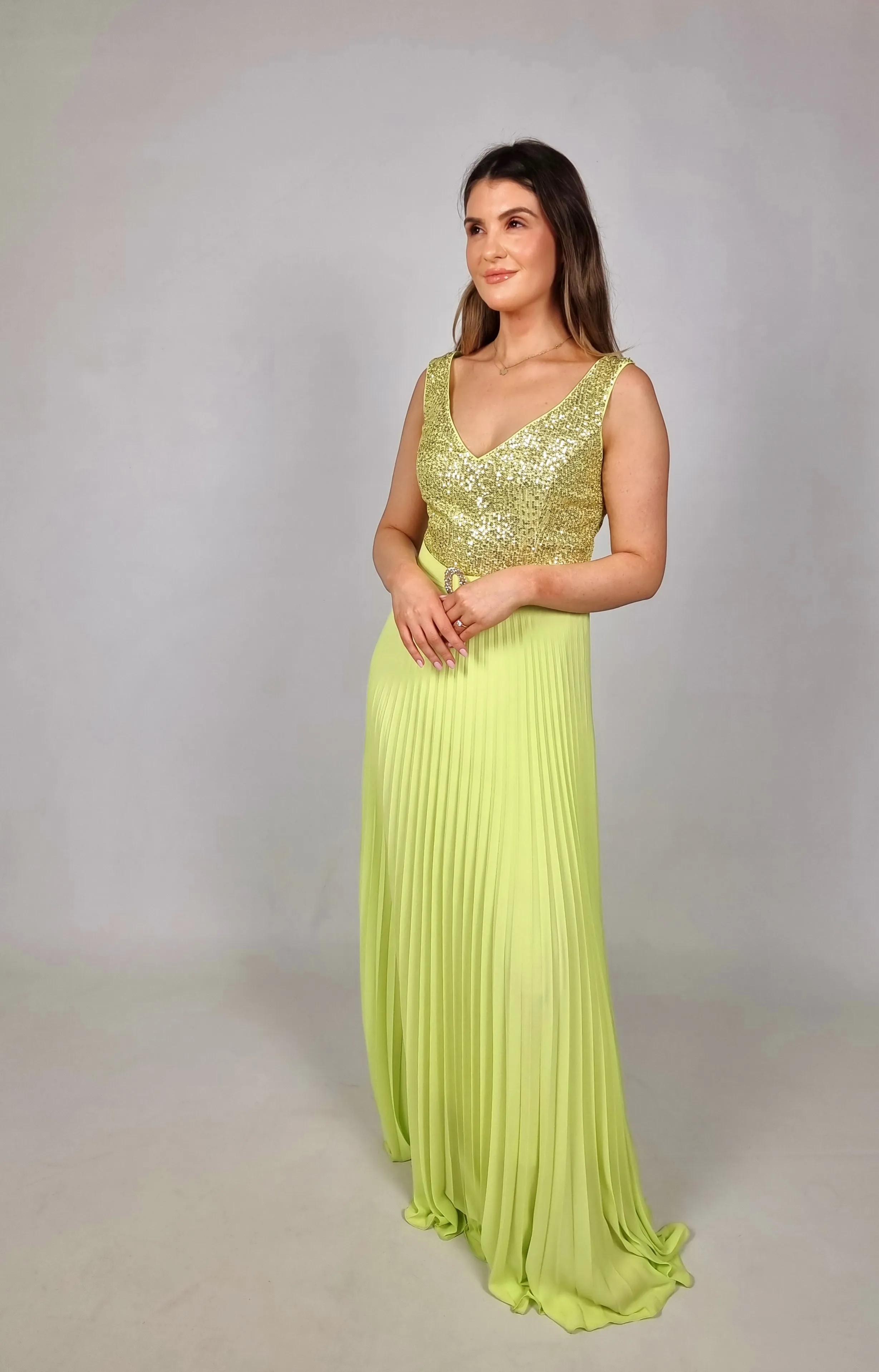 Access Lime Green Maxi Sleeveless Dress With Sequins