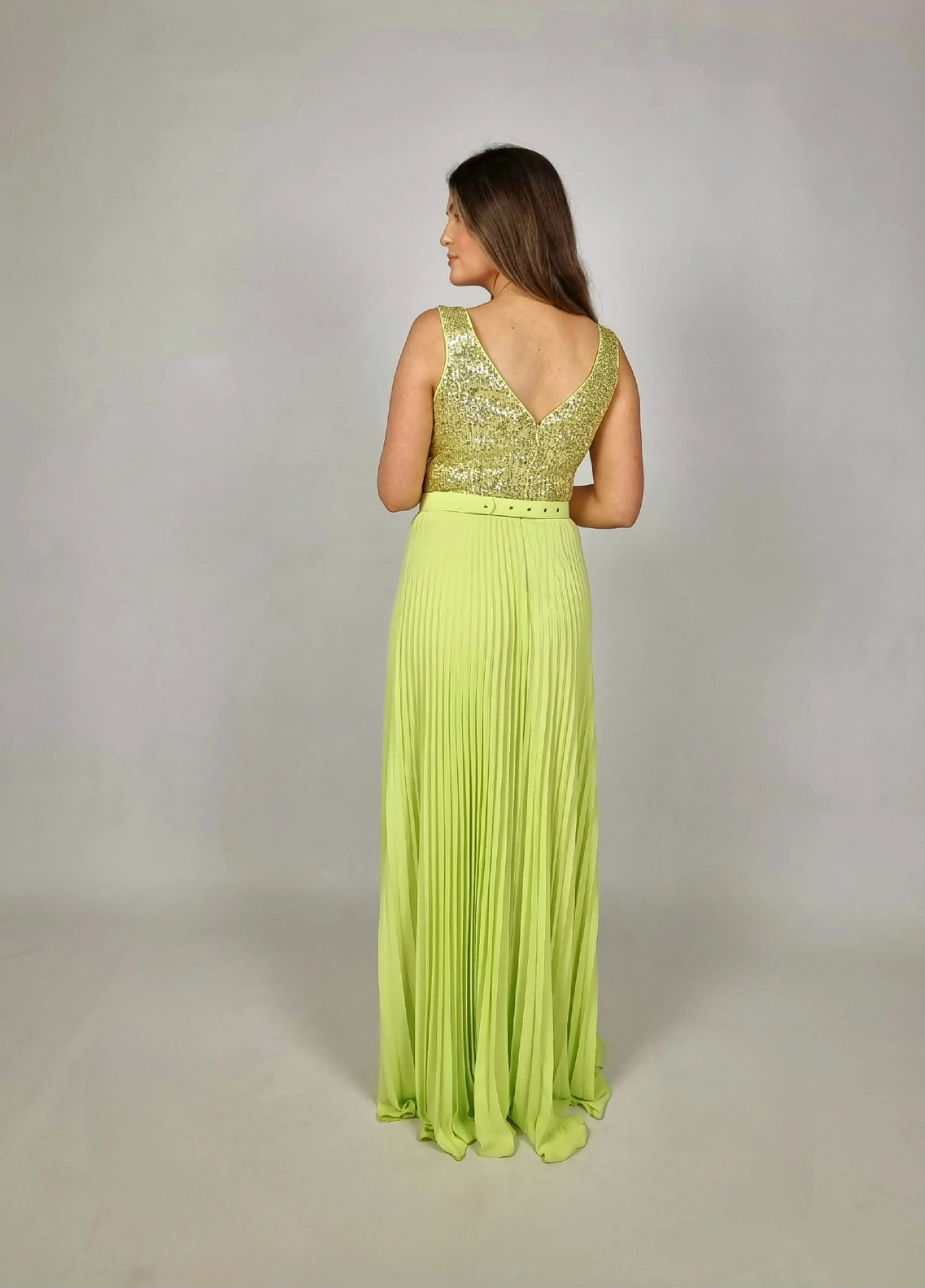 Access Lime Green Maxi Sleeveless Dress With Sequins