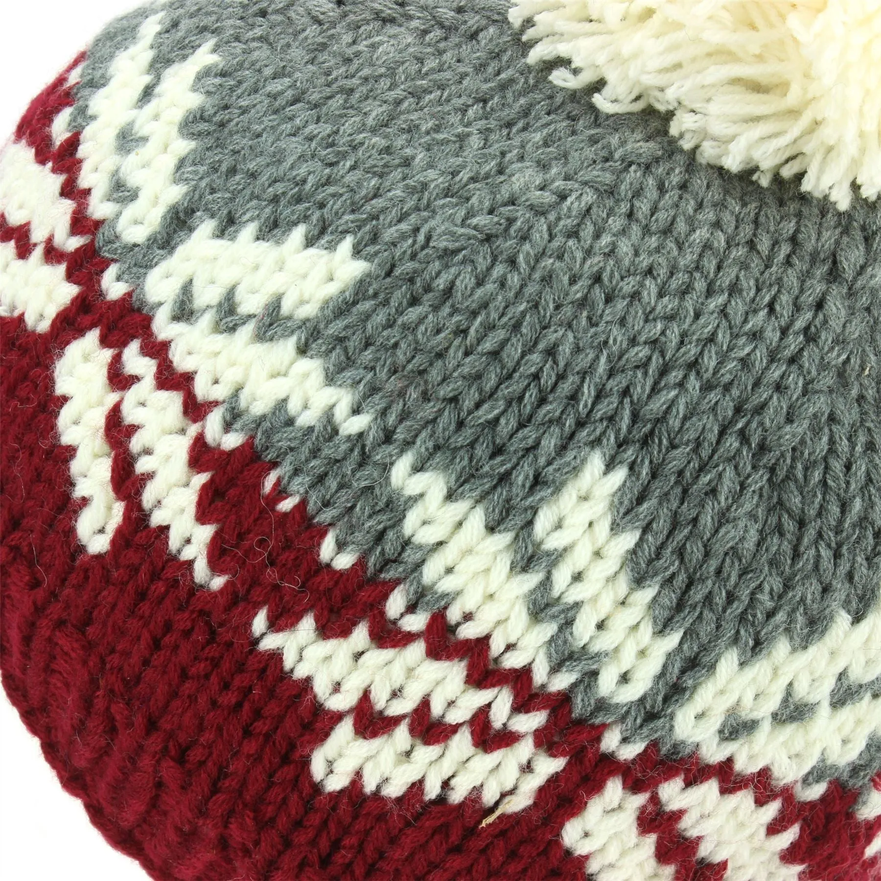 Acrylic Knit Fairisle Beanie Bobble Hat - Maroon & Grey