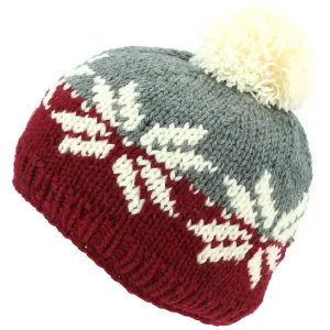 Acrylic Knit Fairisle Beanie Bobble Hat - Maroon & Grey