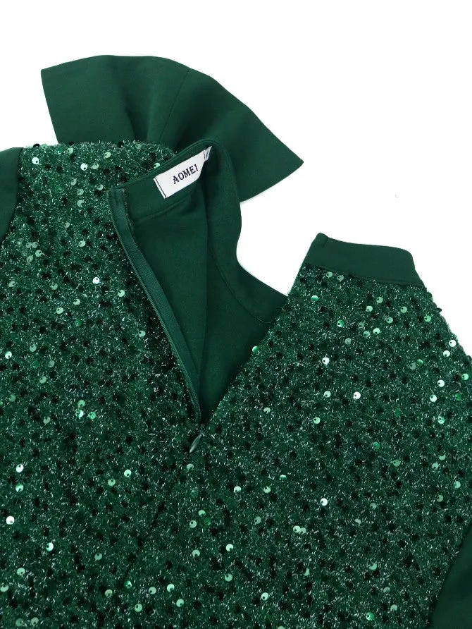 AOMEIDRESS Green Mermaid Dress Sequins Patchwork Big Bow Flare Sleeve