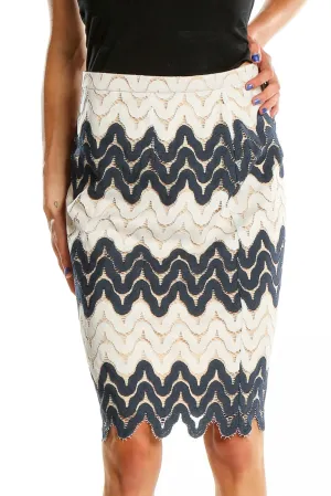 Beige Blue Chevron Lace Pencil Skirt