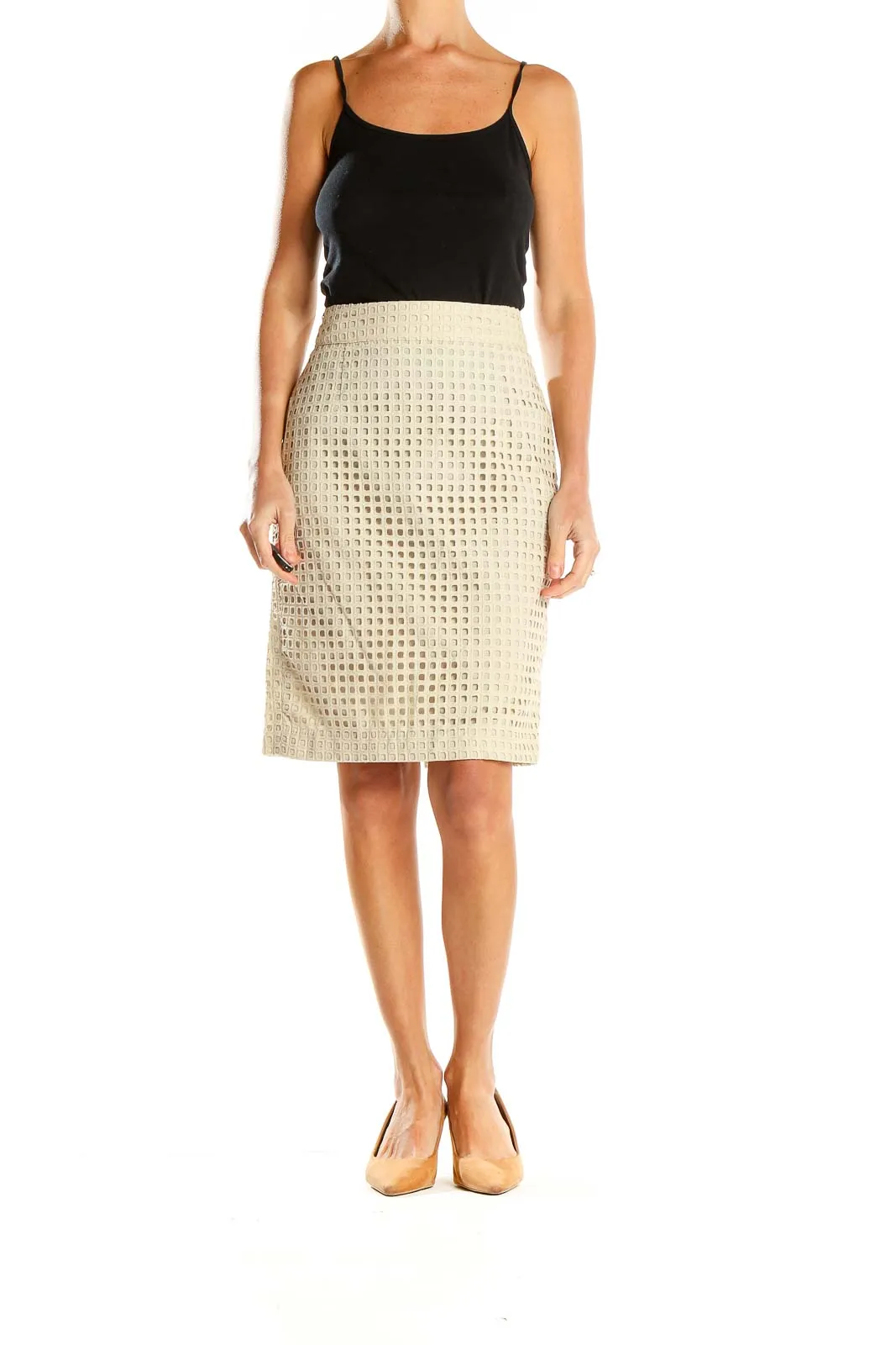 Beige Textured Pencil Skirt