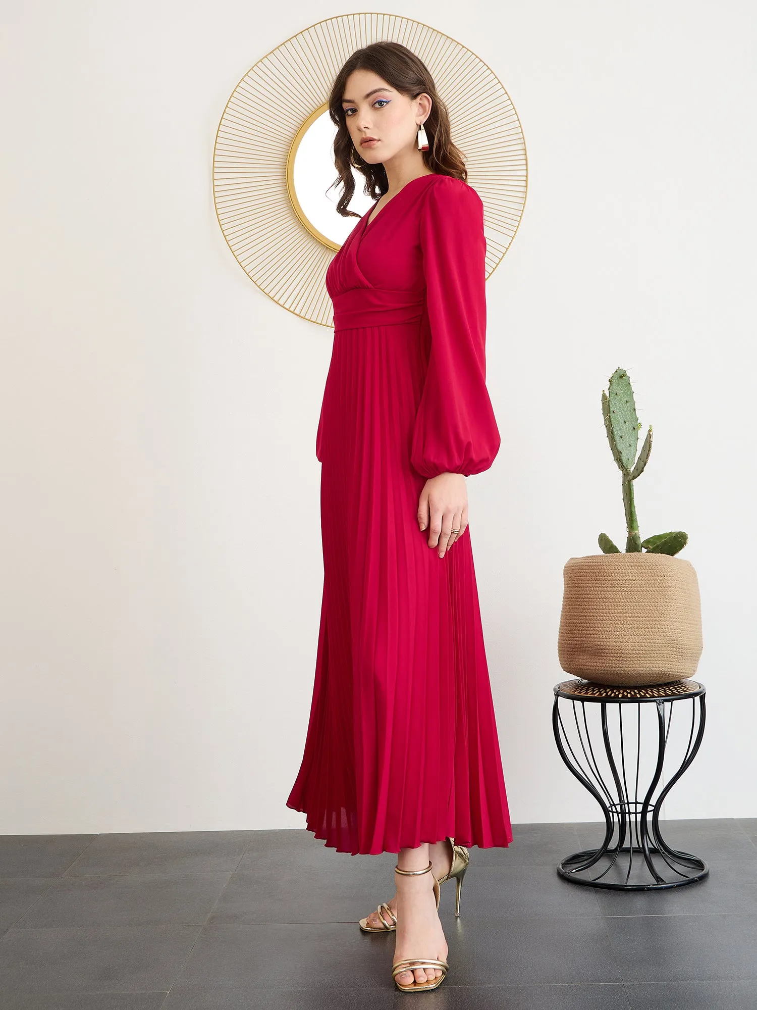 Berrylush Women Solid Red V-Neck Puff Sleeves Pleated Empire Maxi Dress