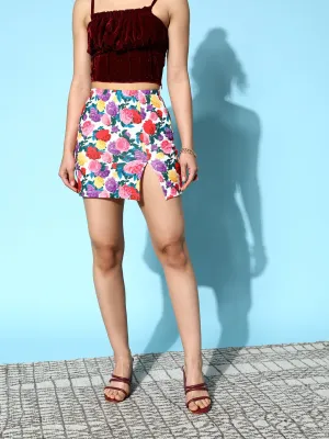 Berrylush Women White & Multicolour Floral Printed High-Rise Waist Straight Hem Slited Pencil Mini Skirt