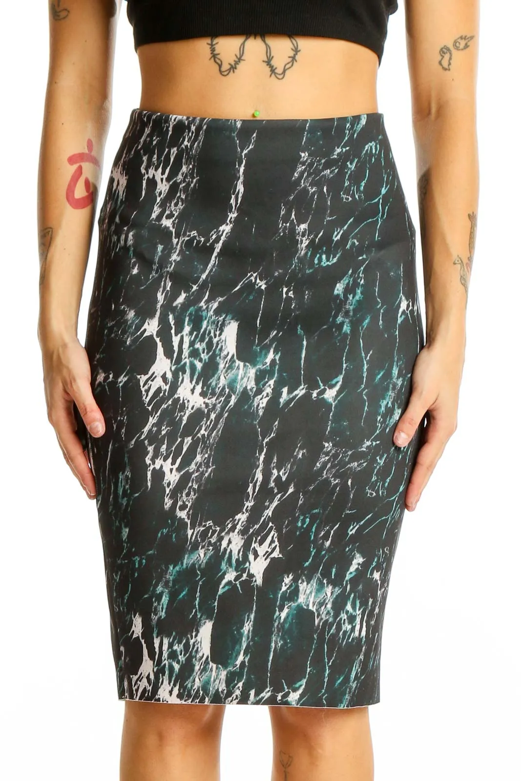 Black Green Marble Print Skirt