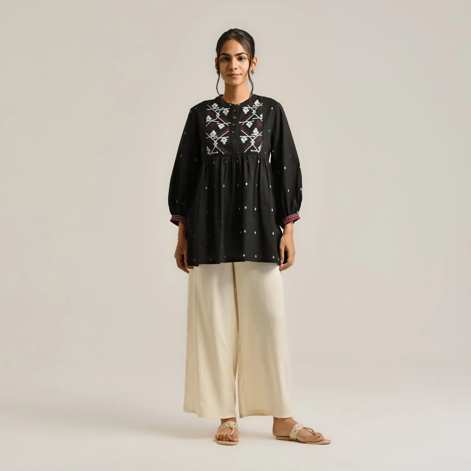 Black Linen Cotton Jamdani Printed Tunic