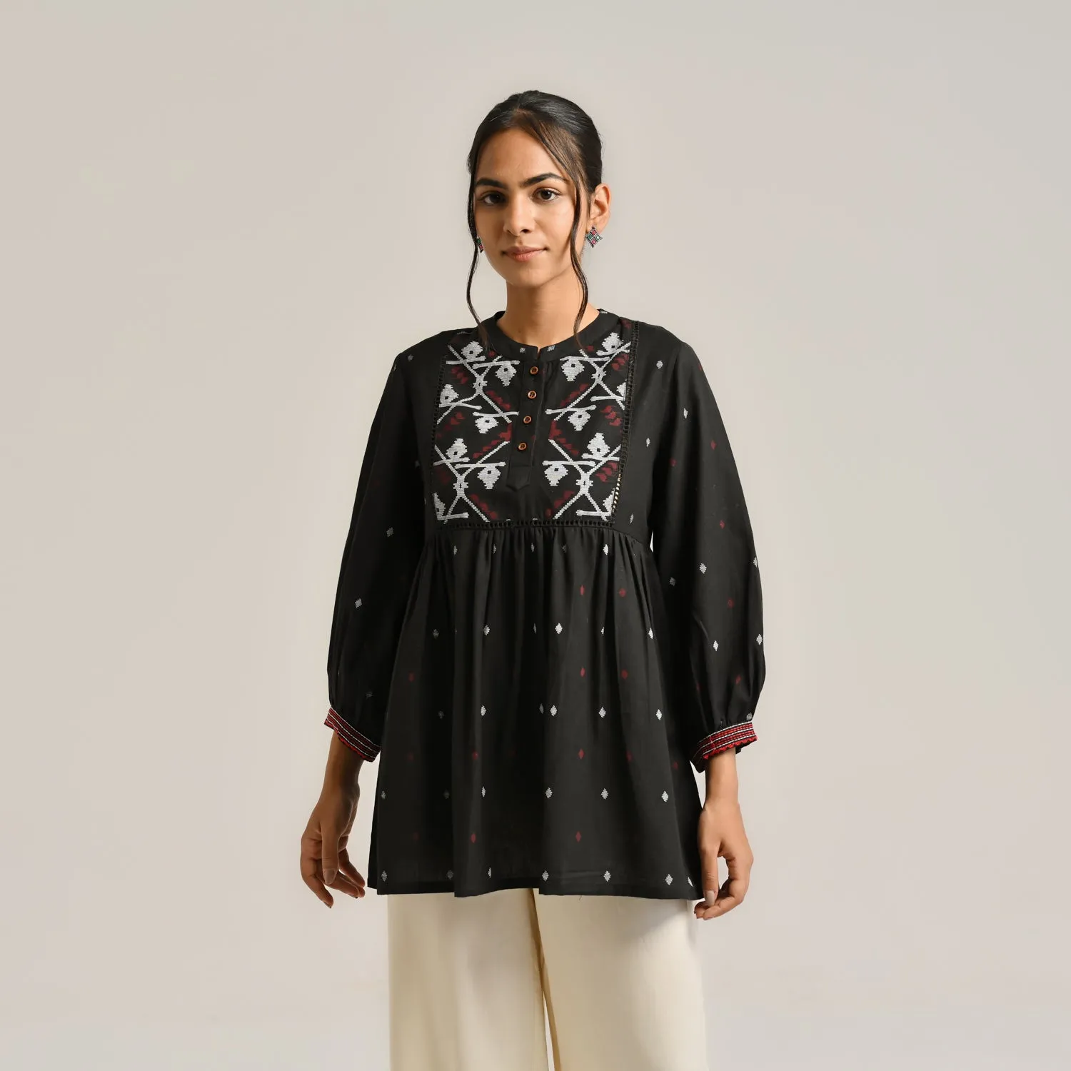 Black Linen Cotton Jamdani Printed Tunic