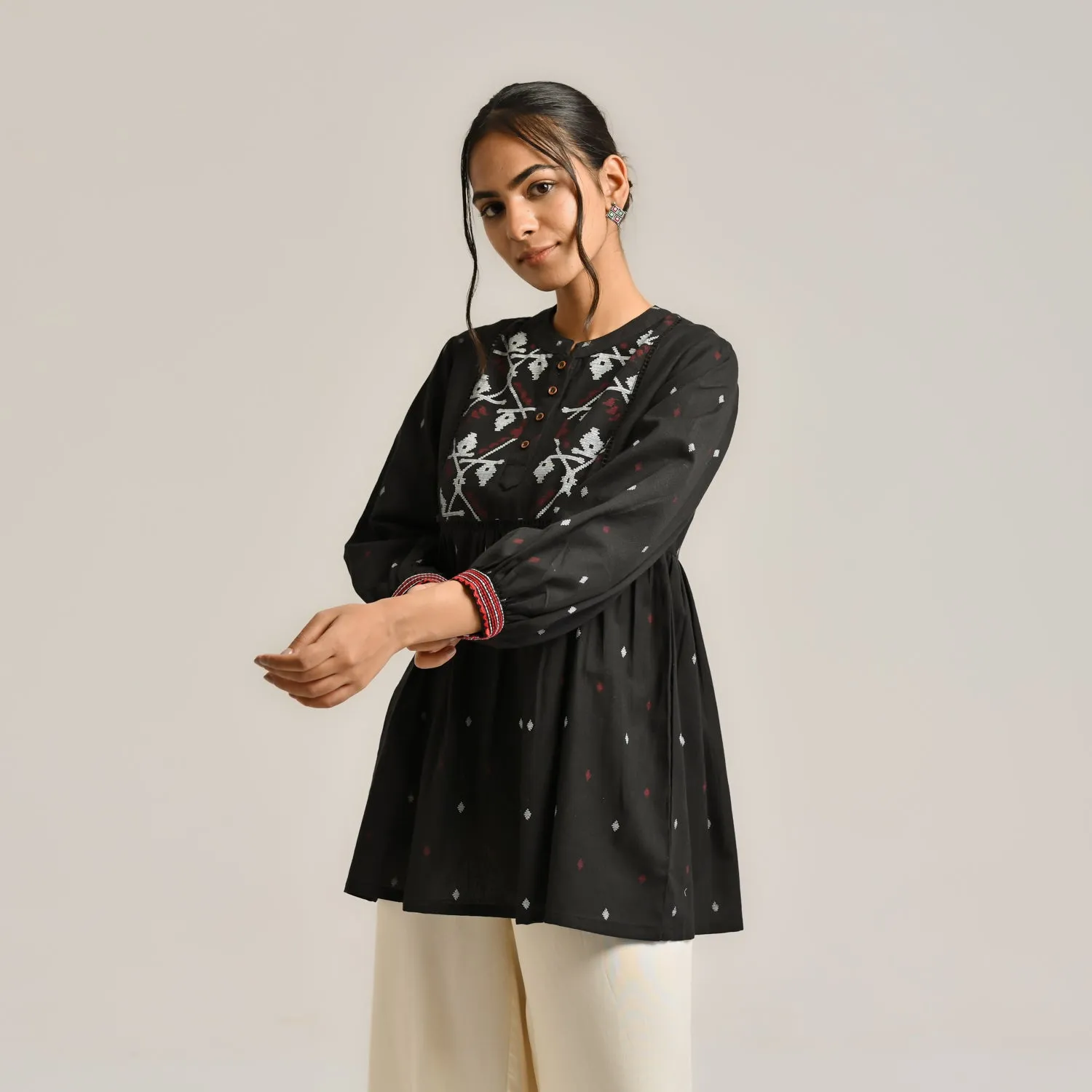 Black Linen Cotton Jamdani Printed Tunic