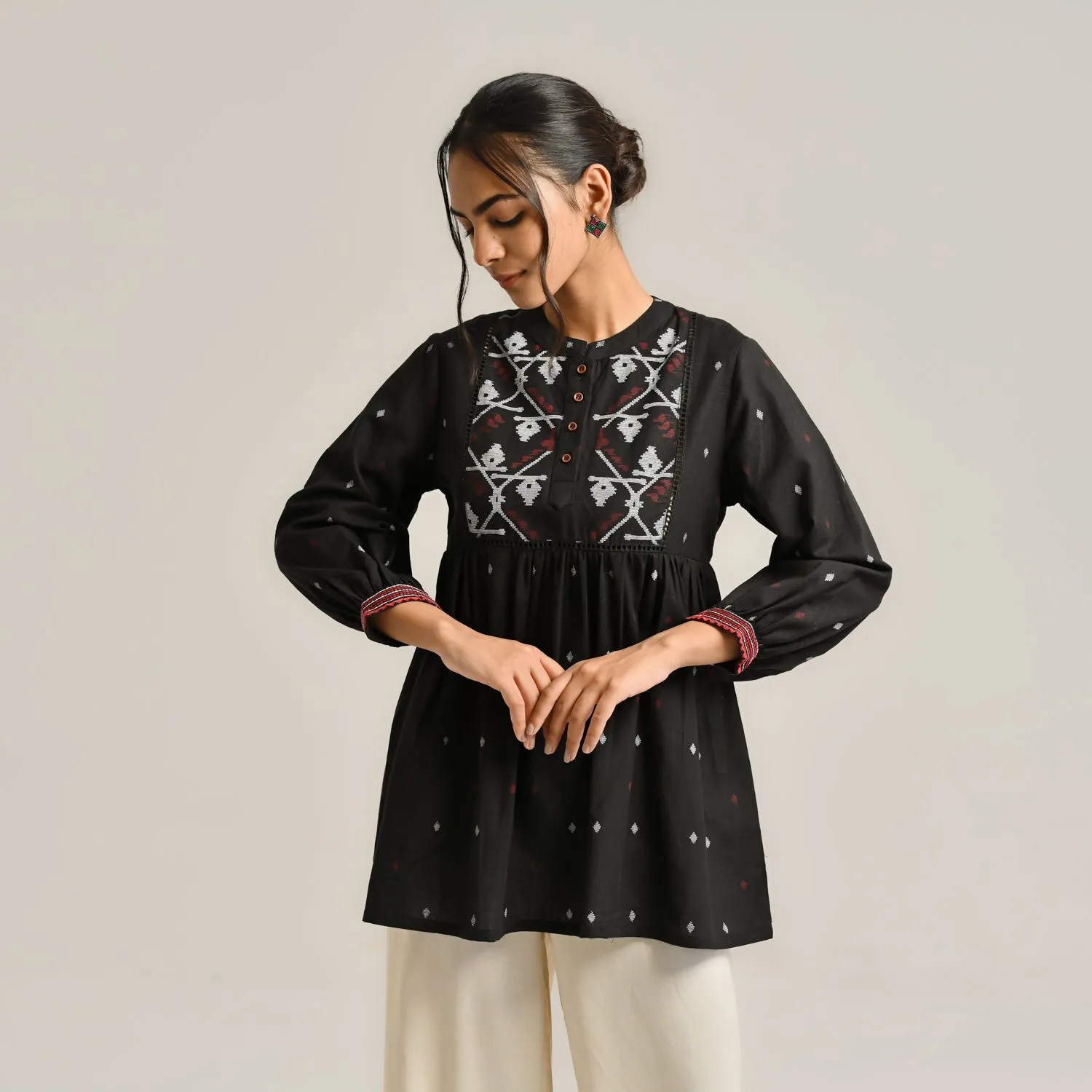 Black Linen Cotton Jamdani Printed Tunic