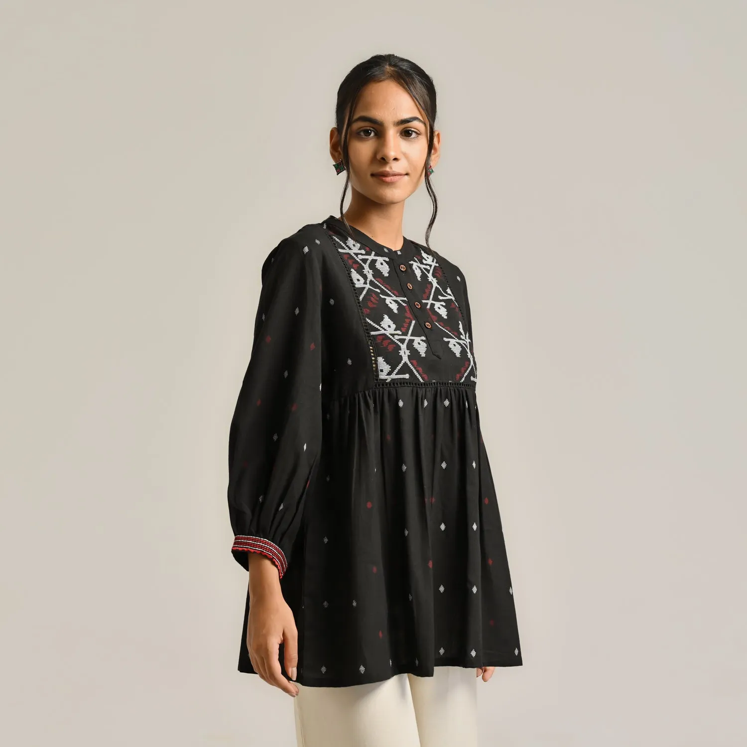 Black Linen Cotton Jamdani Printed Tunic