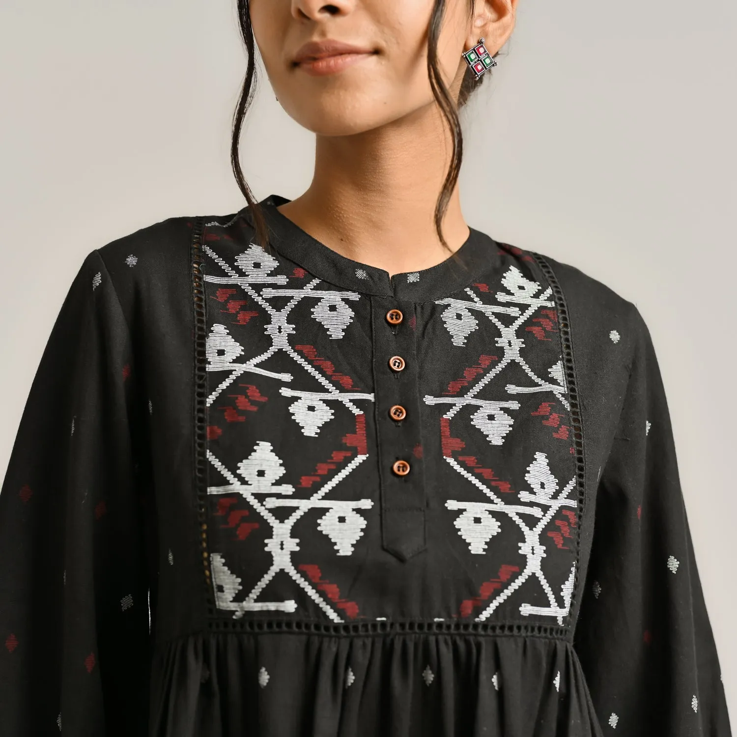 Black Linen Cotton Jamdani Printed Tunic