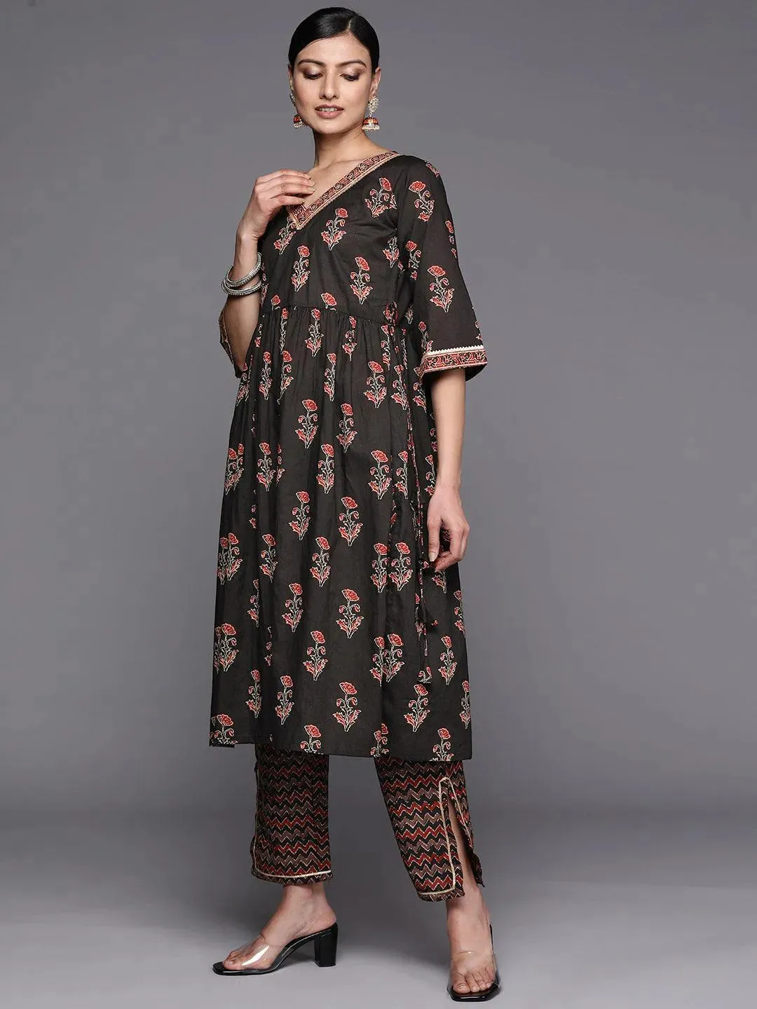 Black Printed Cotton A-Line Kurta With Trousers & Dupatta