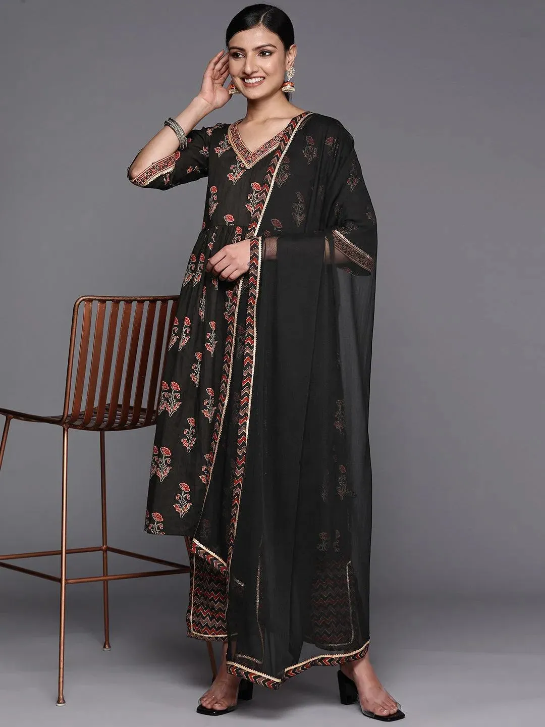 Black Printed Cotton A-Line Kurta With Trousers & Dupatta