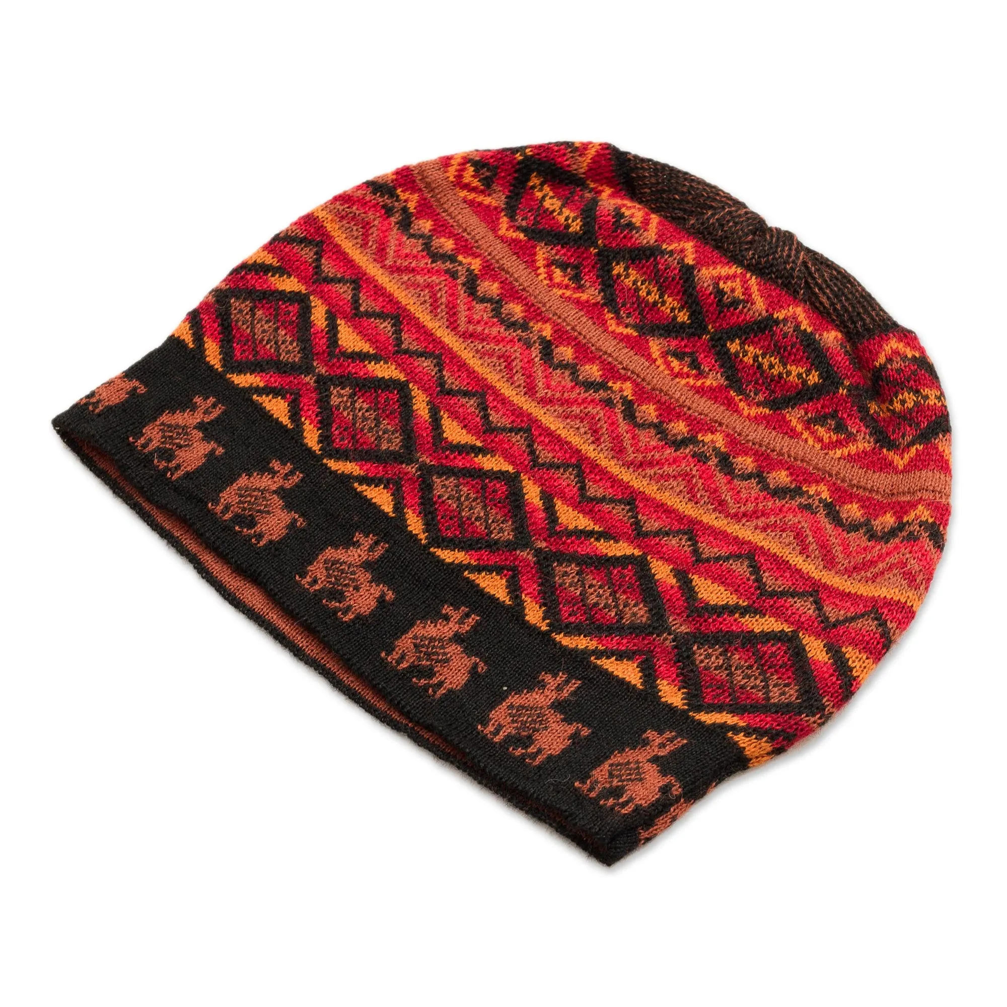 Black Red and Orange Diamond Motif Alpaca Blend Knit Hat - Alpaca Sunset | NOVICA