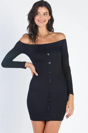 Black Ribbed Off-The-Shoulder Button Down Bodycon Mini Dress /2-2-2