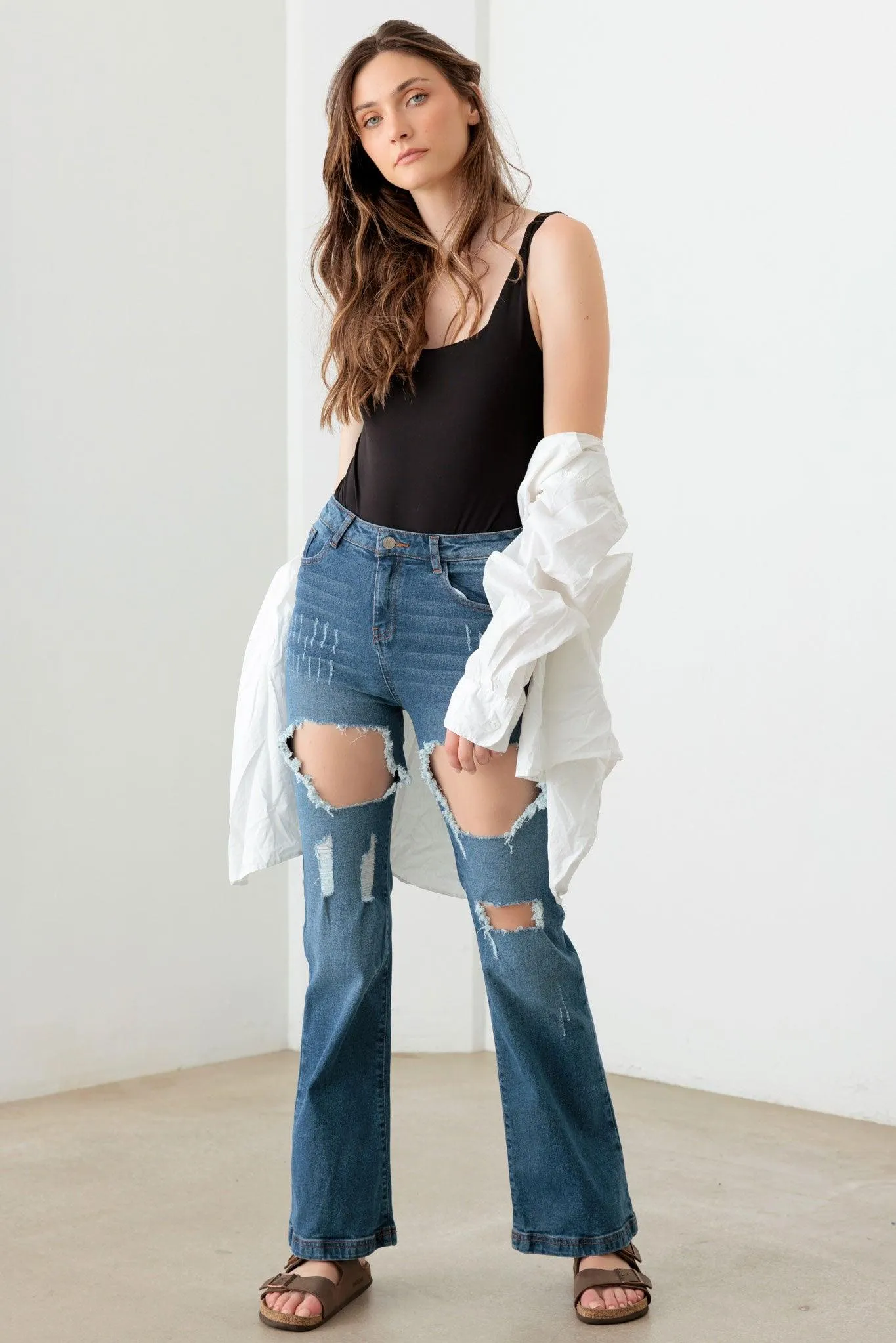 Blue Casual High-Rise Distressed Flared Jeans