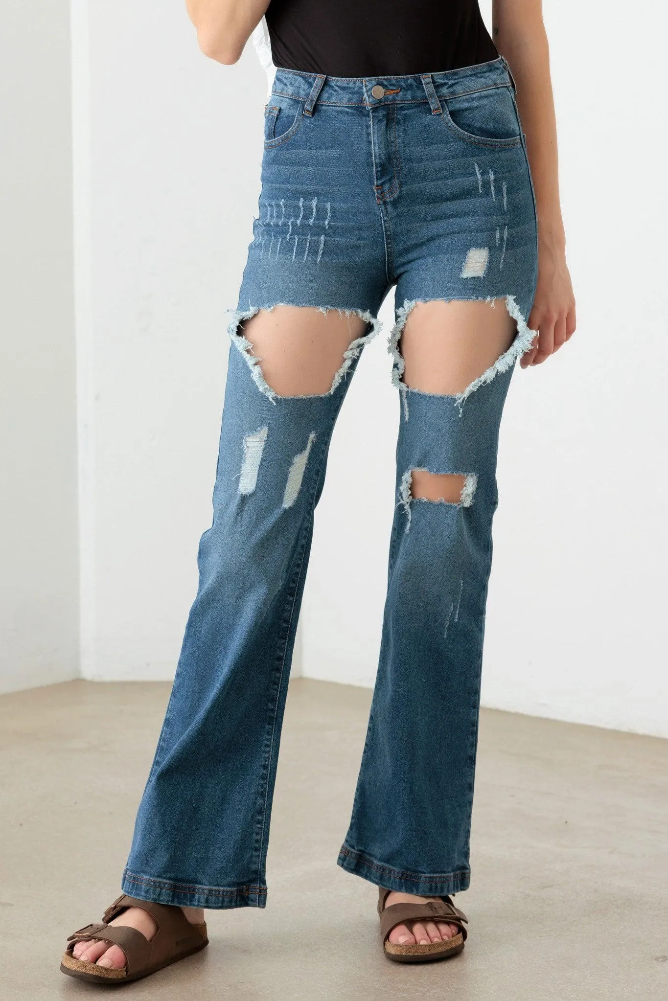 Blue Casual High-Rise Distressed Flared Jeans