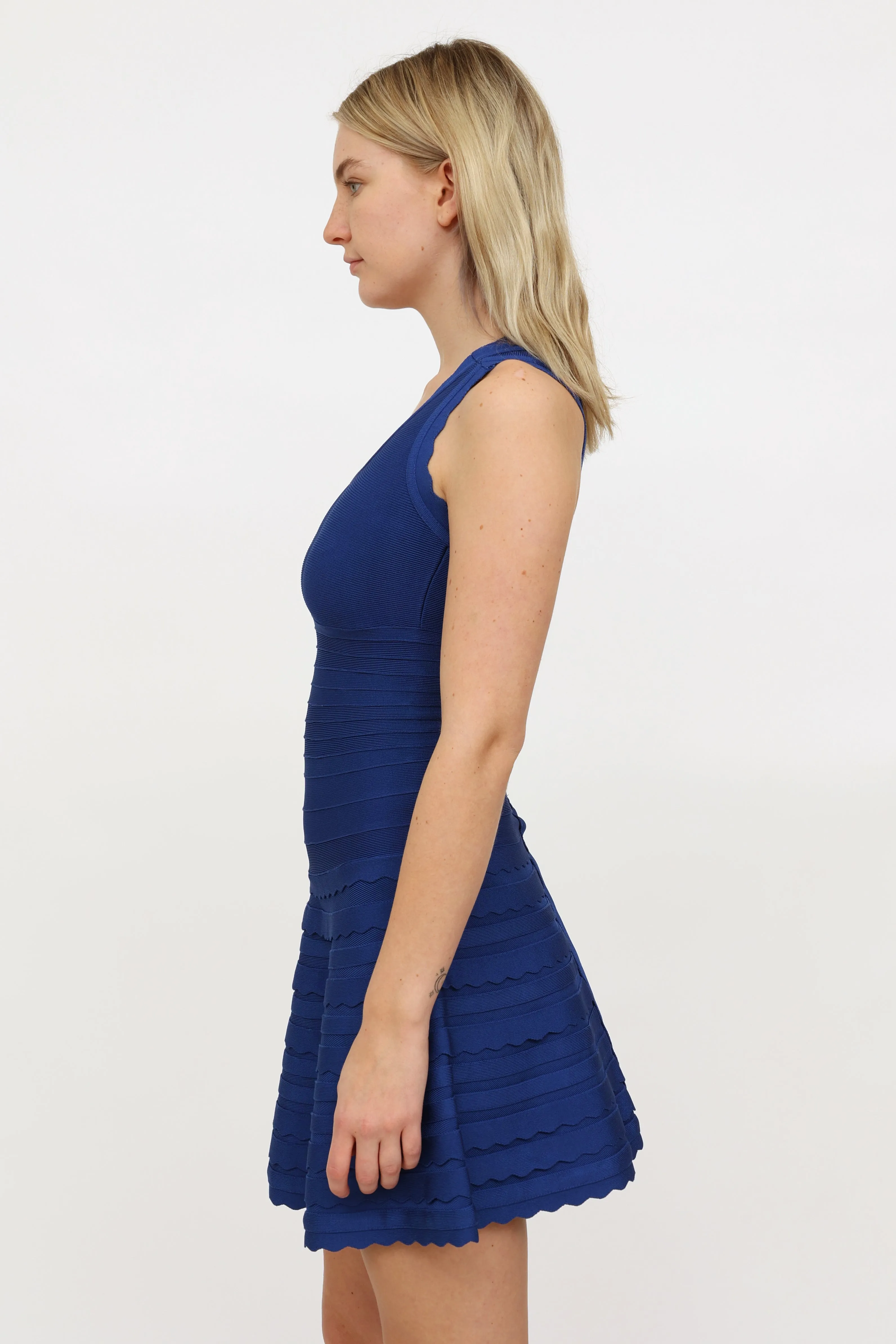 Blue Pleated Bandage Dress