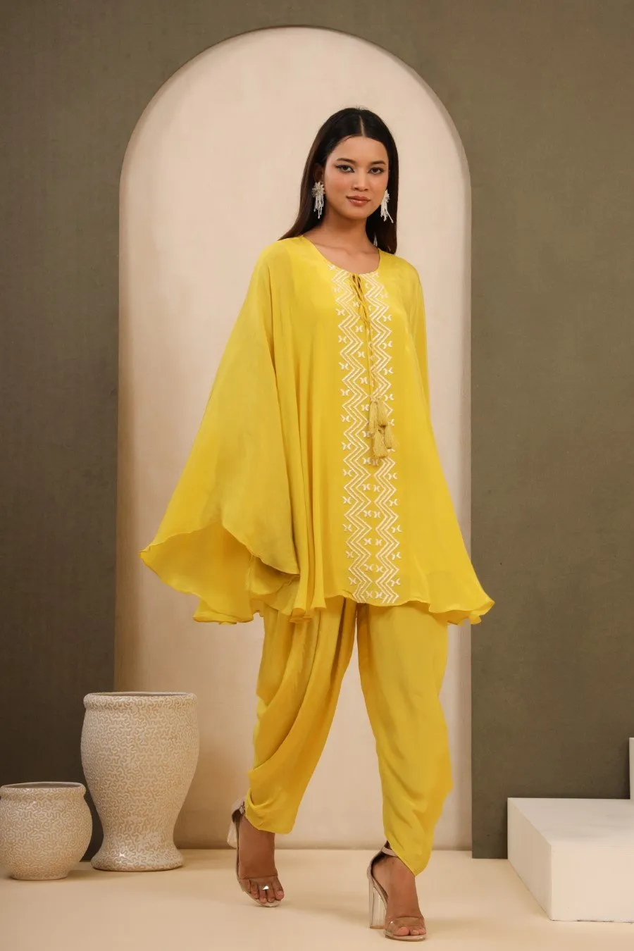 Bright Yellow Habutai Silk Embellished Tunic &amp; Dhoti