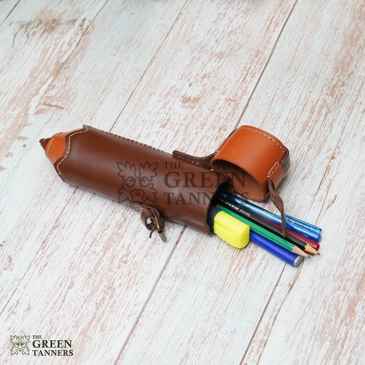 Brown Leather Pencil Case And Holder