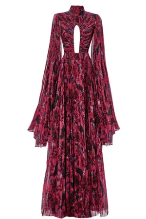 BUST DETAILED DRAPED FLORAL PATTERN MAXI DRESS IN FUCHSIA FLORAL