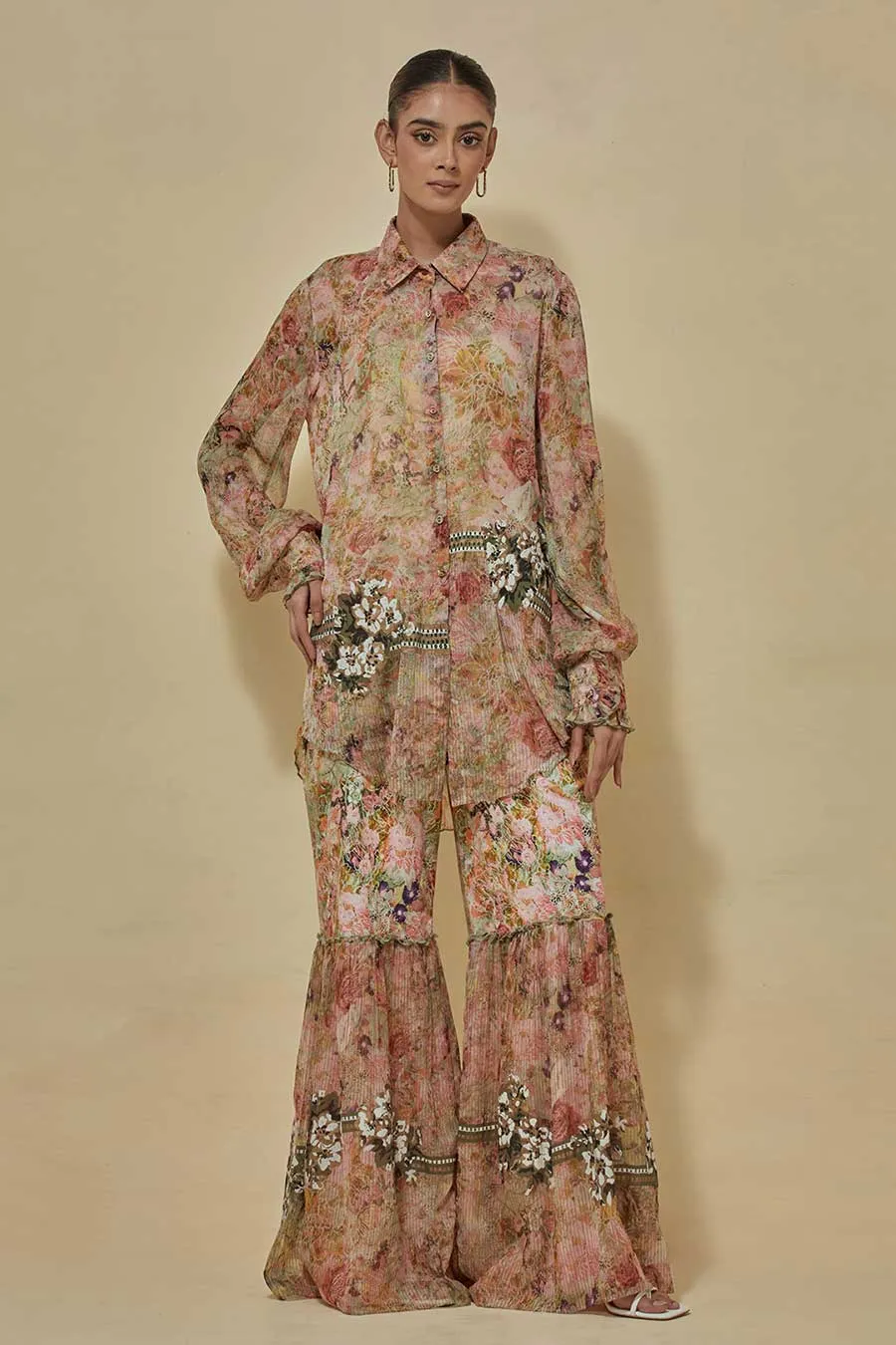 Chiffon Printed Shirt With Flared Pants