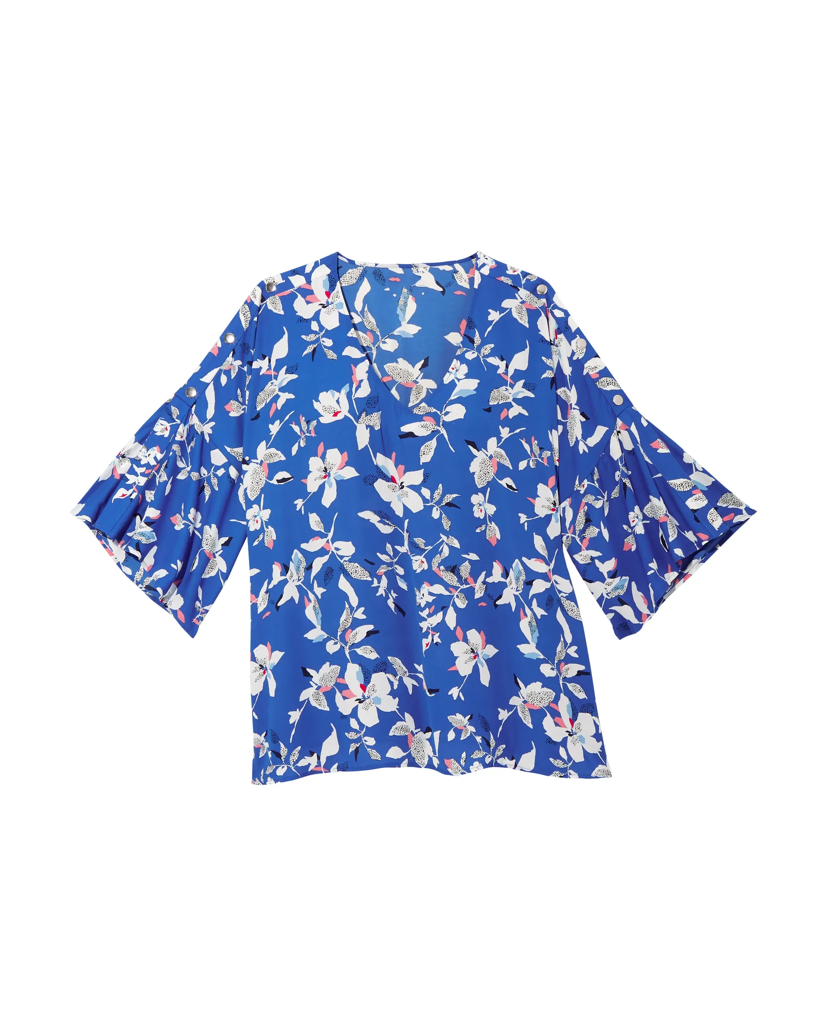 Chrisette 3/4 Flared Sleeve Blouse with Buttons | Azure Blue / White