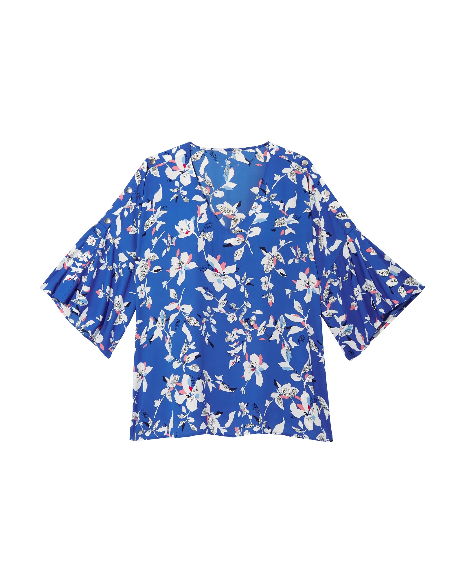 Chrisette 3/4 Flared Sleeve Blouse with Buttons | Azure Blue / White