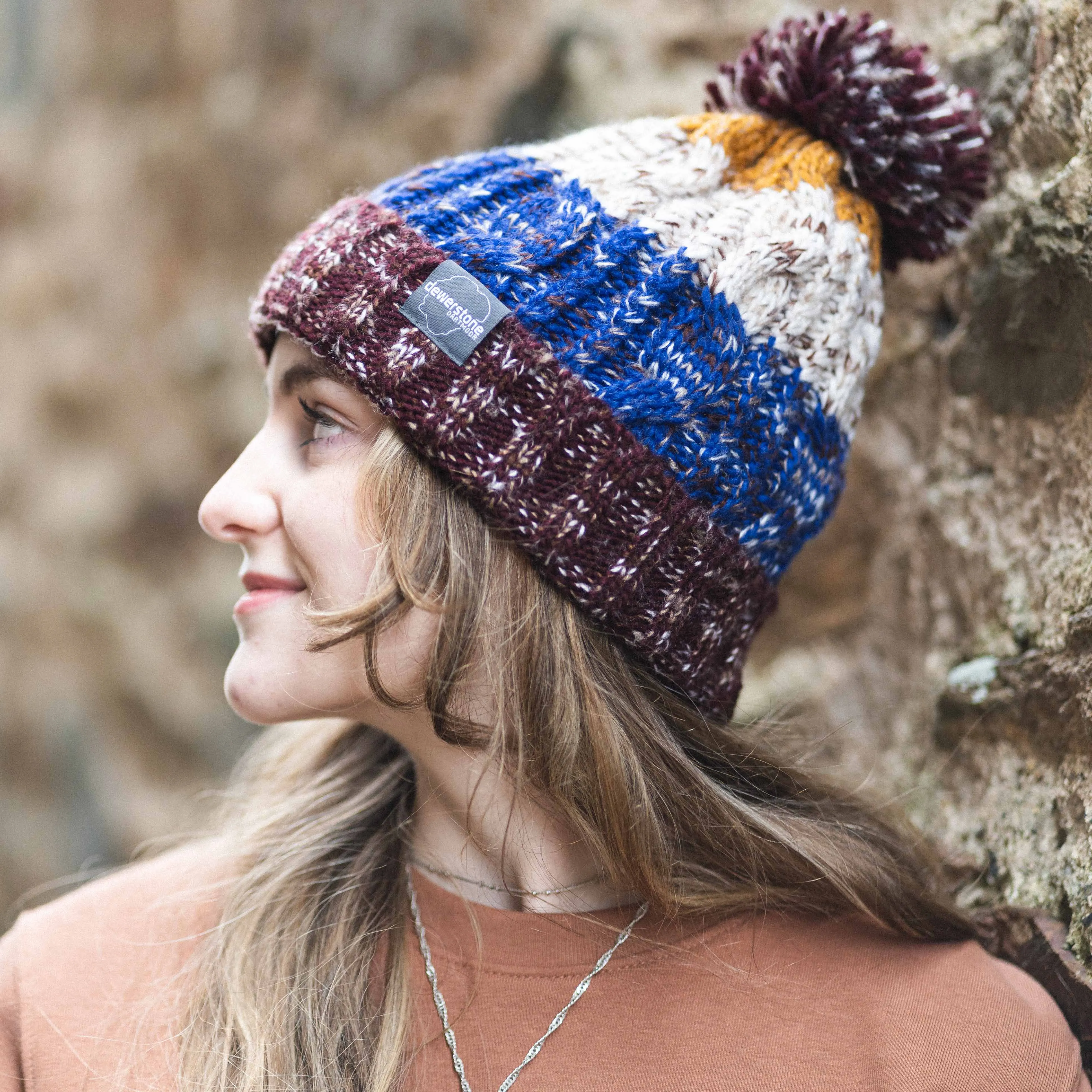 Chunky Knit Beanie - Brown / Blue