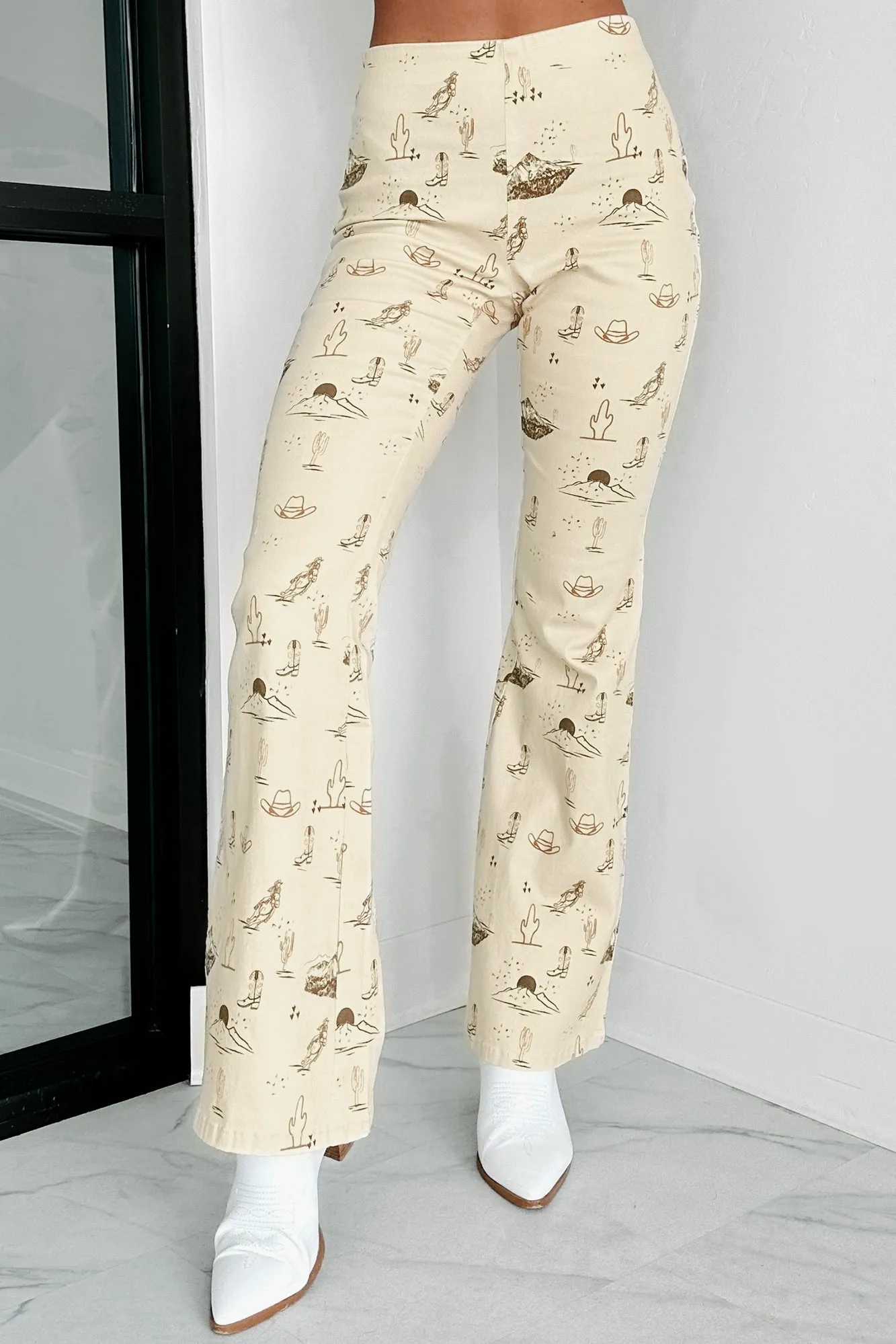 Cowgirl Courage Western Print Twill Flare Pants (Beige)