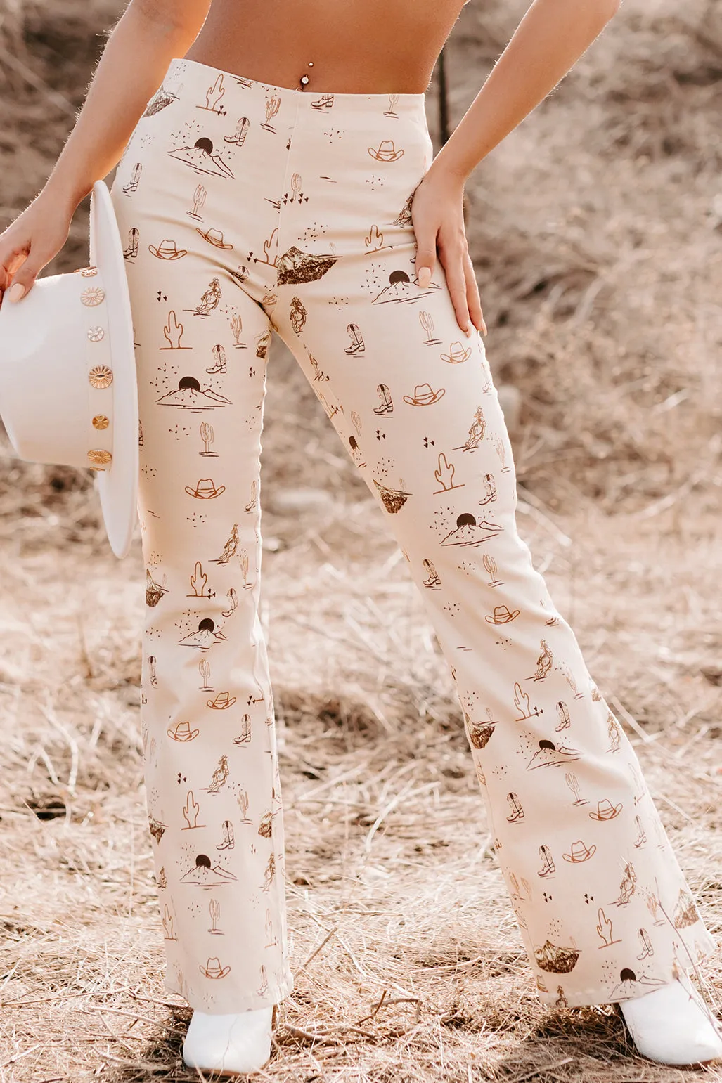 Cowgirl Courage Western Print Twill Flare Pants (Beige)