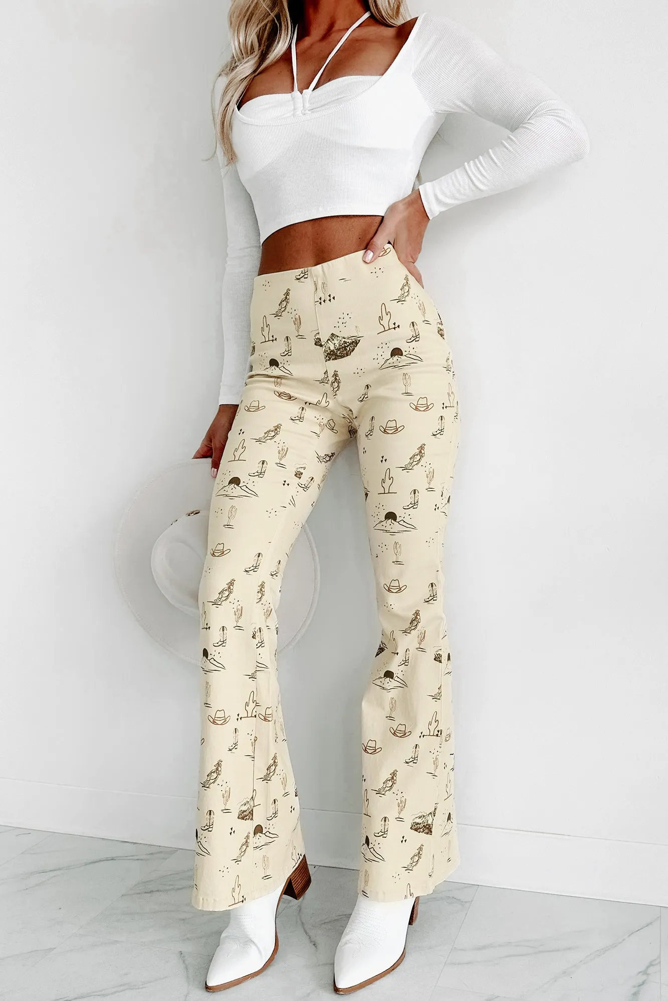 Cowgirl Courage Western Print Twill Flare Pants (Beige)