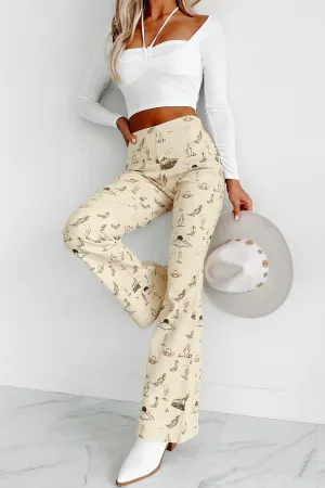 Cowgirl Courage Western Print Twill Flare Pants (Beige)