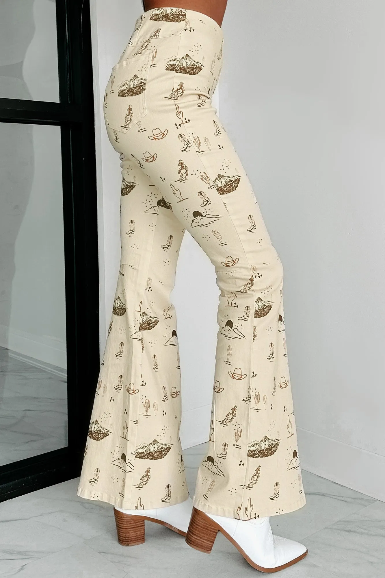 Cowgirl Courage Western Print Twill Flare Pants (Beige)