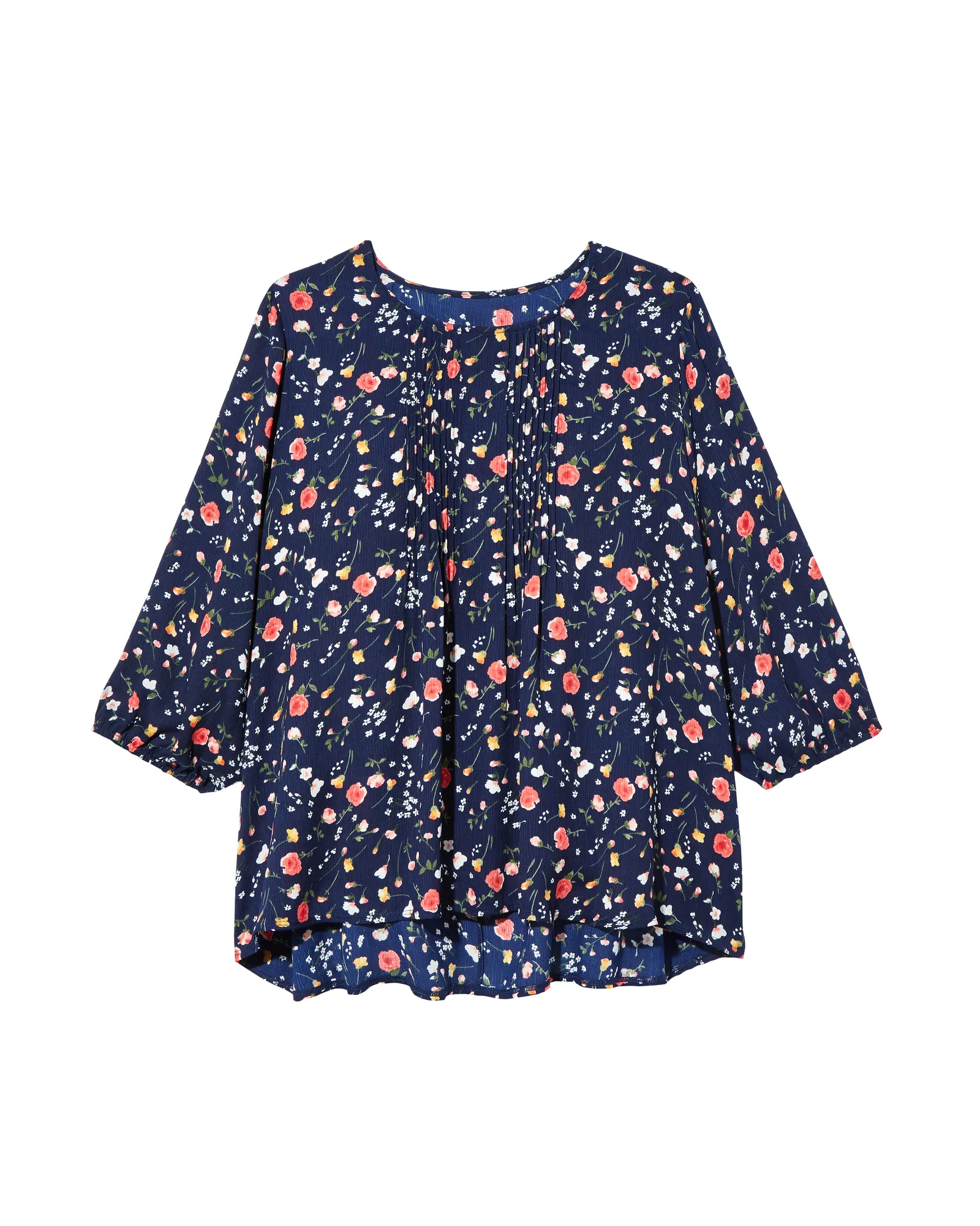 Cyndi 3/4 Sleeve Pintuck Blouse | Navy / White