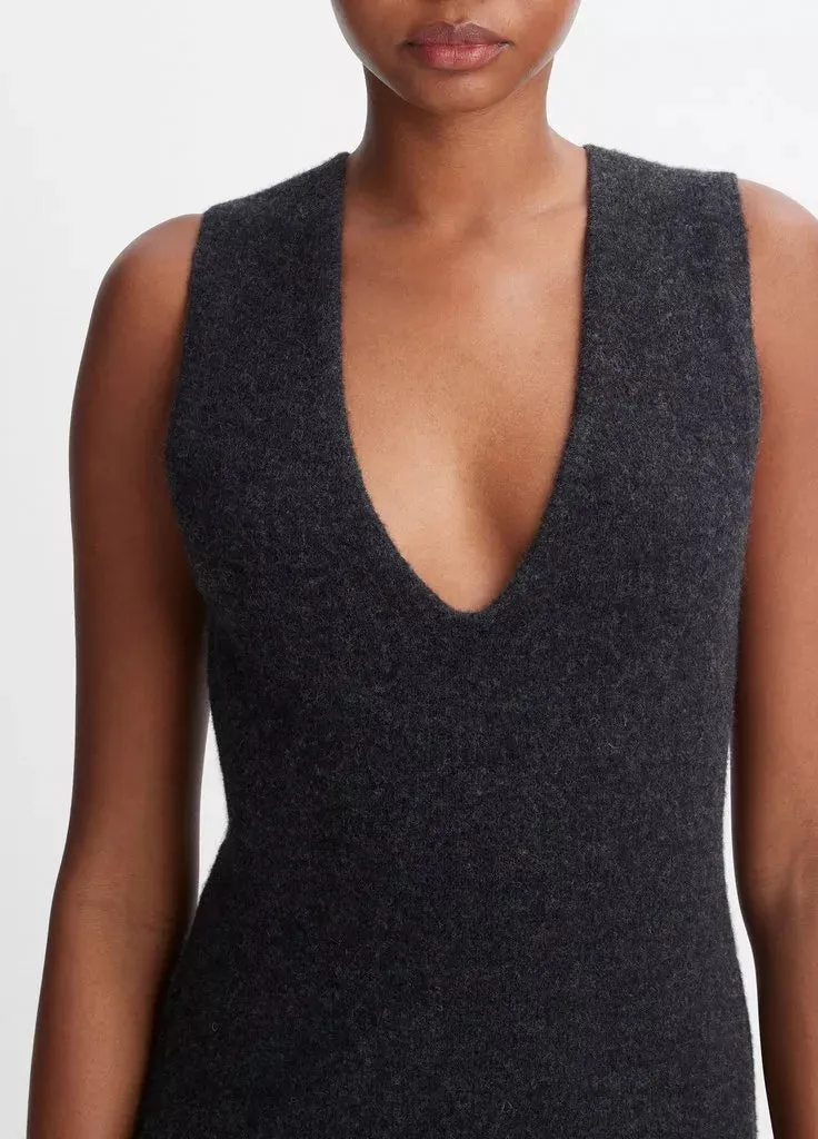 Deep V-Neck Sweater Dress - Heater Charcoal