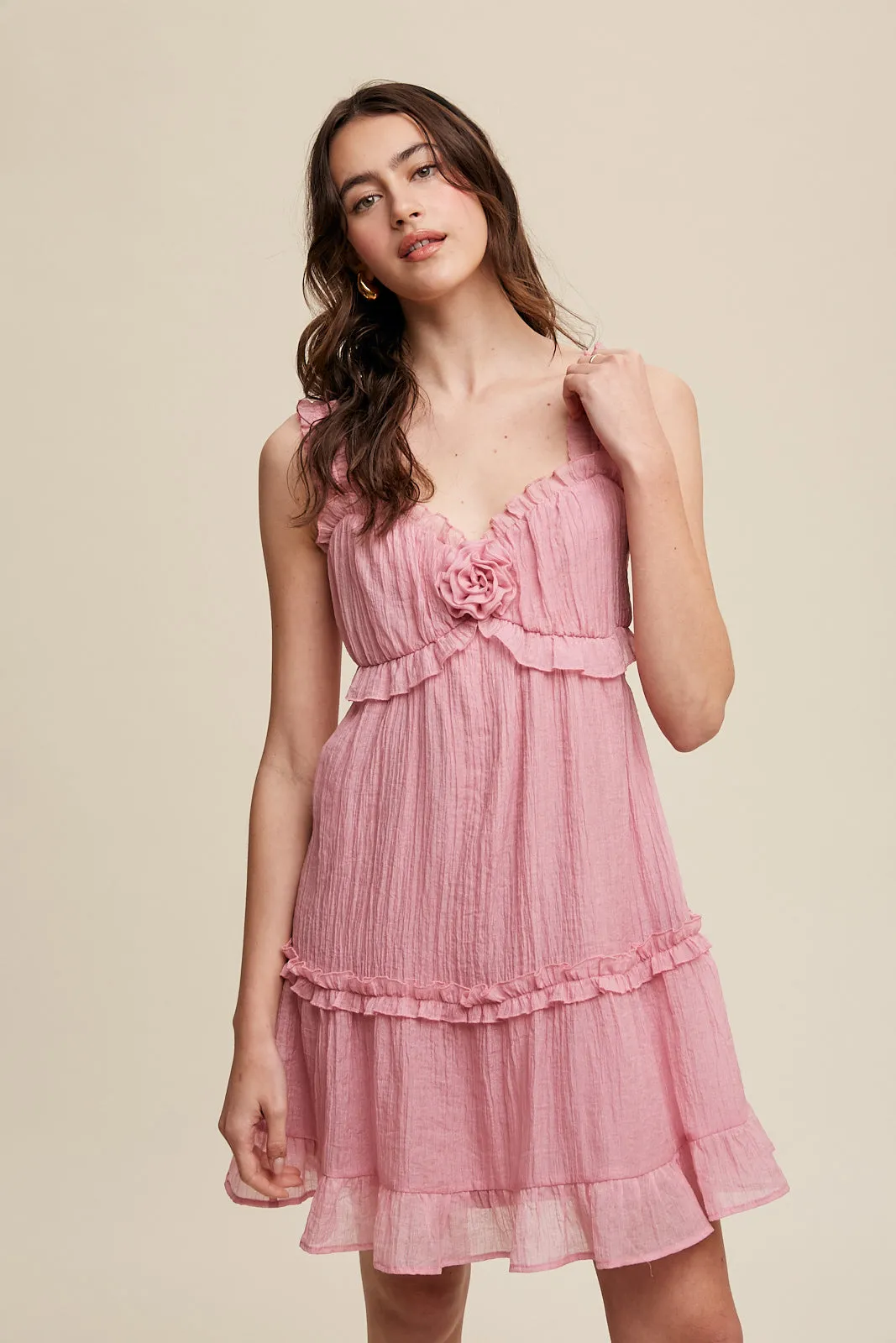 Delicate Sweetheart Ruffled Flower Detail Dress