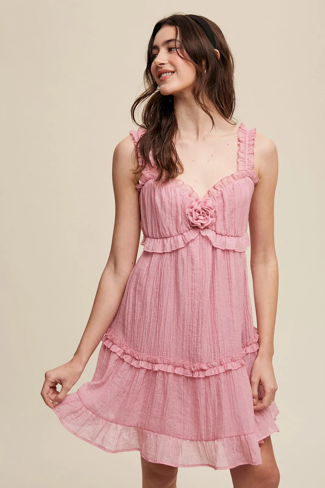 Delicate Sweetheart Ruffled Flower Detail Dress