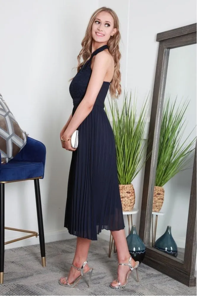 Double Second Cross Halterneck Pleated Skirt Midi Dress