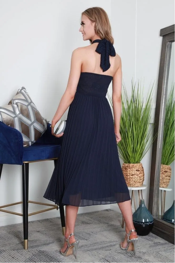 Double Second Cross Halterneck Pleated Skirt Midi Dress